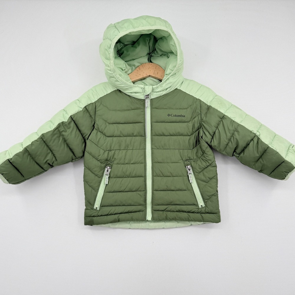 Columbia Puffer Jacket Kids 2T Green Quilted Omni-Heat Hooded Coat Outdoors